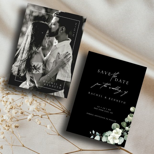 Chic Eucalyptus Black & White Photo Save the Date (Creator Uploaded)