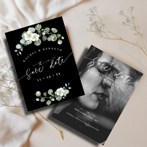 Chic Eucalyptus Black  White Photo Save the Date