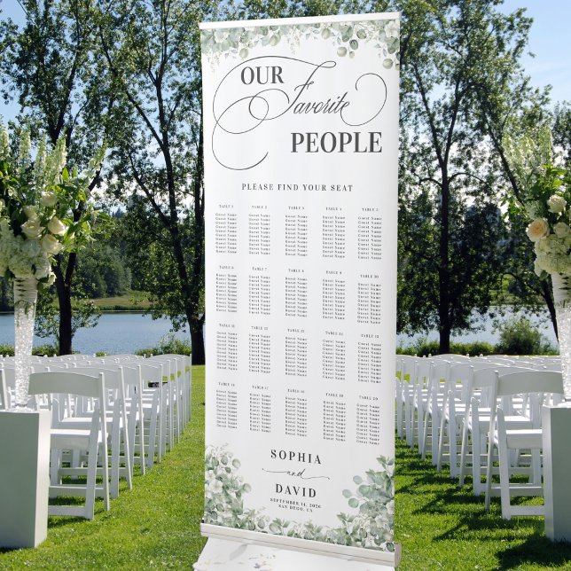 Chic Eucalyptus Calligraphy Wedding Seating Chart Retractable Banner (Creator Uploaded)