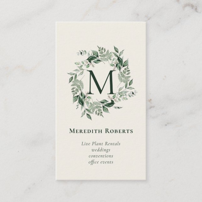 Chic Eucalyptus Fern Monogram Wreath Creamy Ecru Business Card (Front)