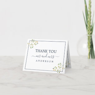 Chic Eucalyptus Foliage Navy Blue Wedding Photo Thank You Card