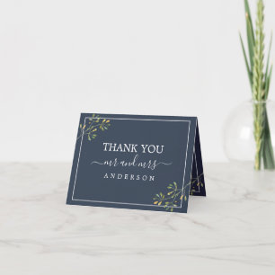 Chic Eucalyptus Foliage Navy Blue Wedding Photo Thank You Card