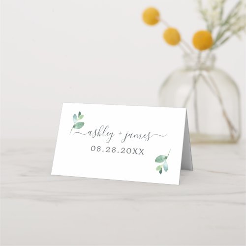 Chic Eucalyptus Foliage White Custom Wedding Place Card