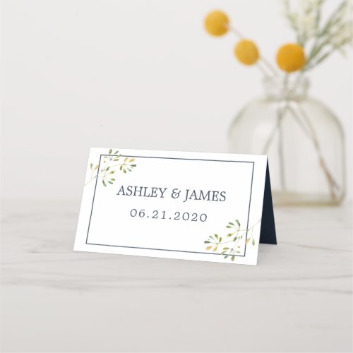 Chic Eucalyptus Green Navy Blue Botanical Wedding Place Card