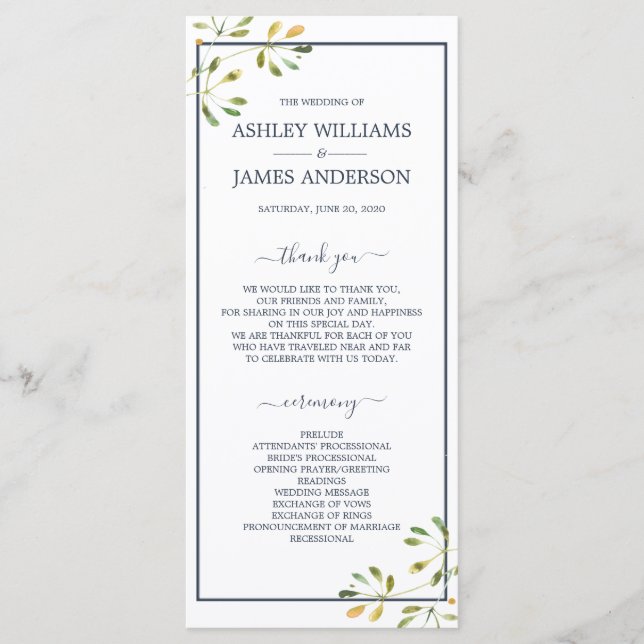 Chic Eucalyptus Green Navy Blue Botanical Wedding Program (Front)