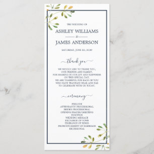 Chic Eucalyptus Green Navy Blue Botanical Wedding Program