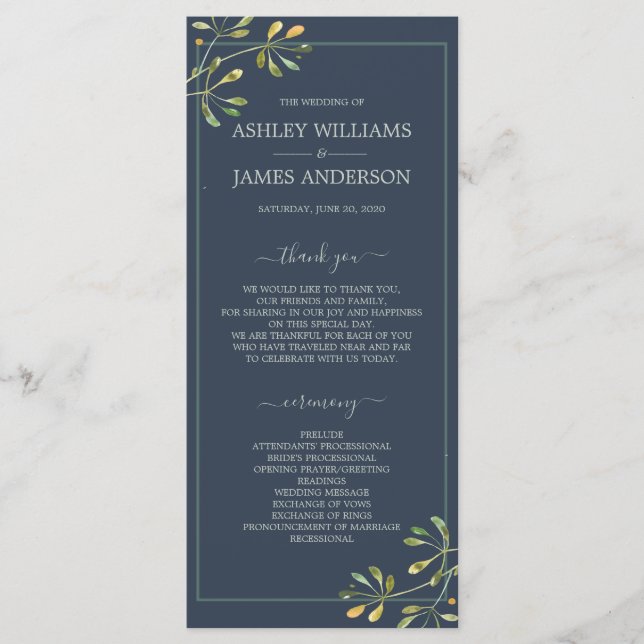 Chic Eucalyptus Green Navy Blue Botanical Wedding Program (Front)