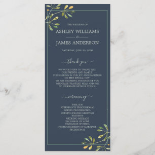 Chic Eucalyptus Green Navy Blue Botanical Wedding Program