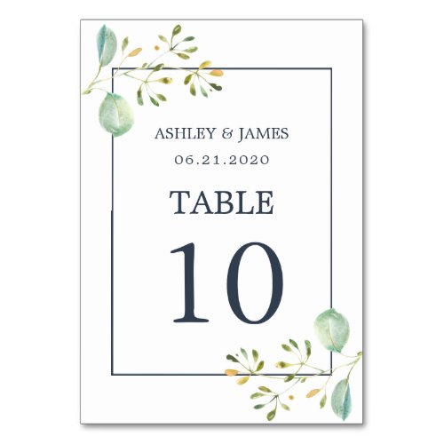 Chic Eucalyptus Green Navy Blue Botanical Wedding Table Number