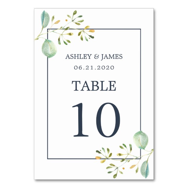 Chic Eucalyptus Green Navy Blue Botanical Wedding Table Number (Front)