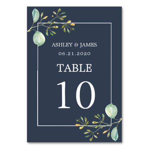 Chic Eucalyptus Green Navy Blue Botanical Wedding Table Number