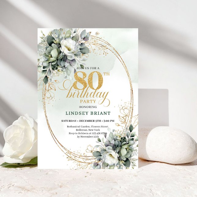 Chic Eucalyptus Greenery 80th Birthday Invite (Chic Eucalyptus Greenery 80th Birthday Invite)