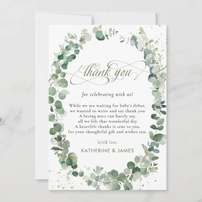 Chic Eucalyptus Greenery Baby Shower Birthday Thank You Card | Zazzle