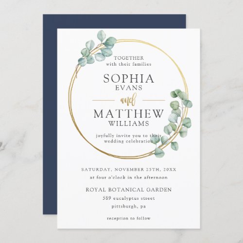 Chic Eucalyptus Greenery Gold Frame Wedding Invitation