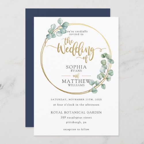 Chic Eucalyptus Greenery Gold Frame Wedding Invitation