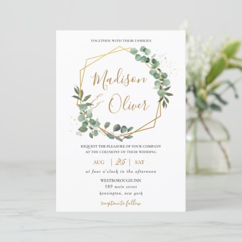 Chic Eucalyptus Greenery Gold Geometric Wedding Invitation