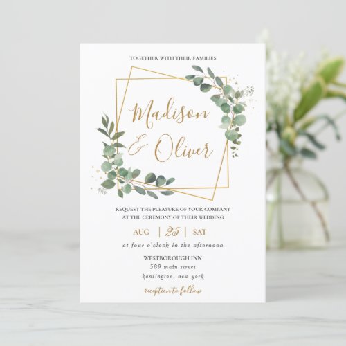 Chic Eucalyptus Greenery Gold Geometric Wedding  Invitation