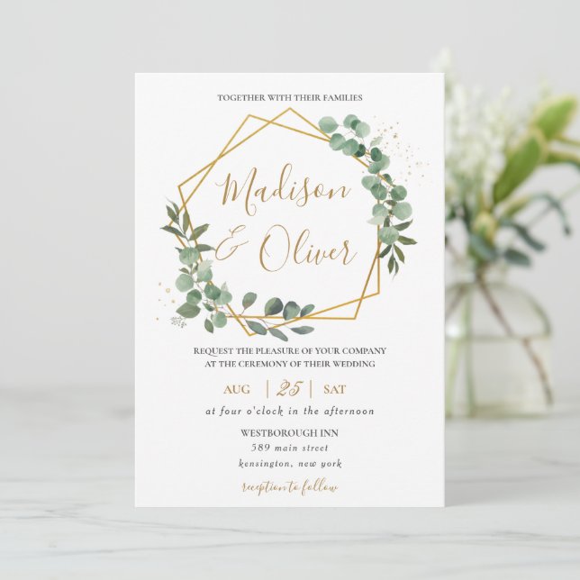 Chic Eucalyptus Greenery Gold Geometric Wedding  Invitation (Standing Front)