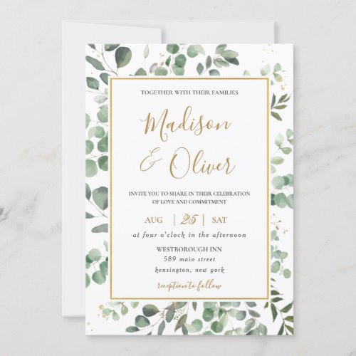 Chic Eucalyptus Greenery Gold Rectangle Wedding Invitation