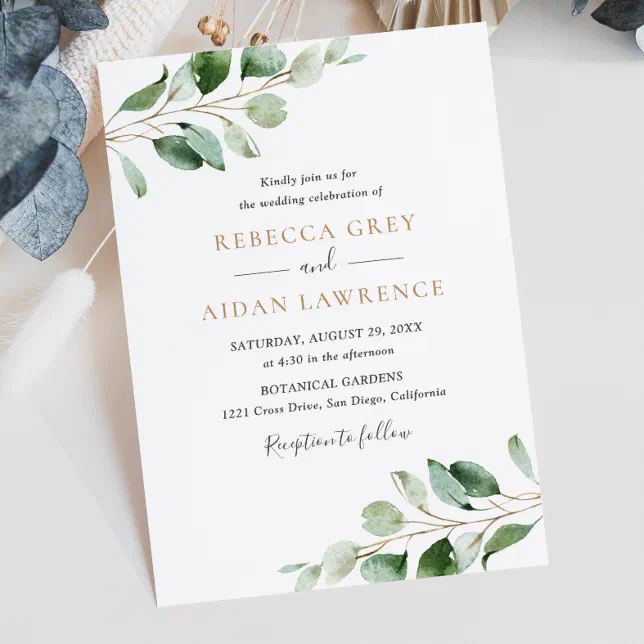 Chic Eucalyptus Greenery Gold Wedding Invitation | Zazzle