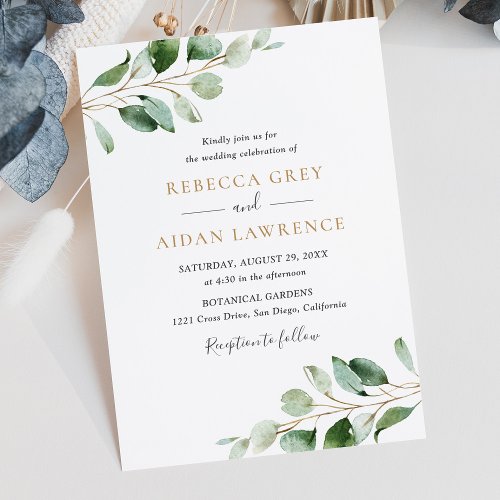 Chic Eucalyptus Greenery Gold Wedding Invitation