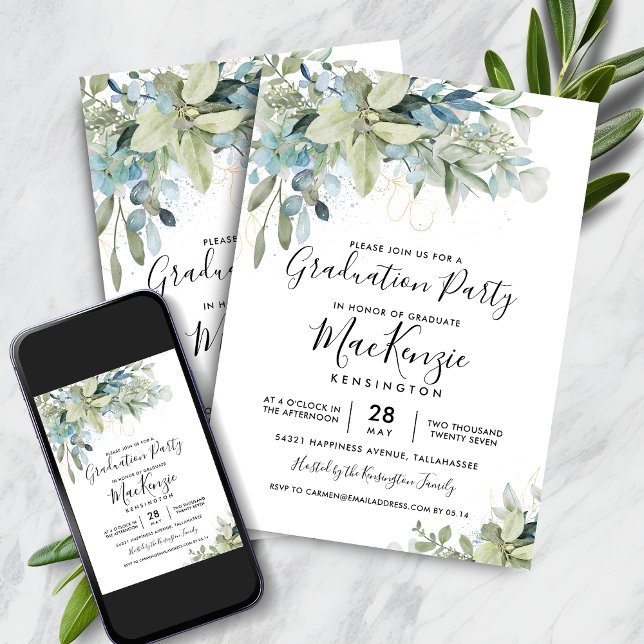 Chic Eucalyptus Greenery Graduation Party Invitation (Chic Eucalyptus Greenery Graduation Party Invitation with Instant Download)