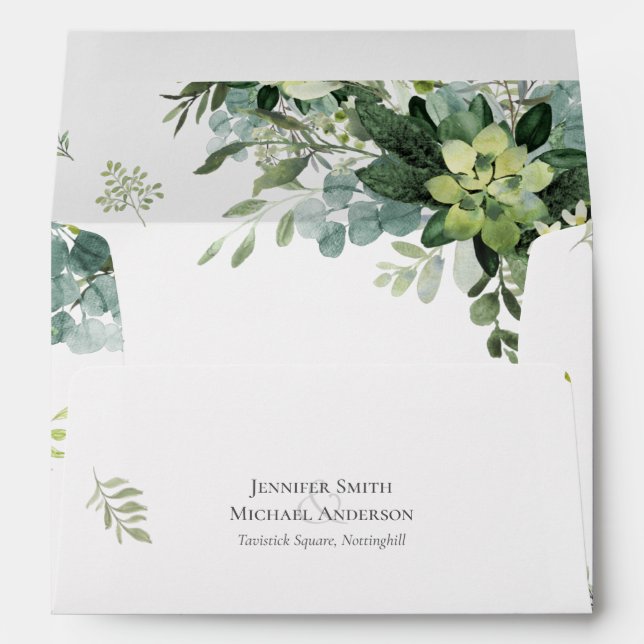 Chic Eucalyptus Greenery Leaves Emerald Wedding Envelope (Back (Bottom))