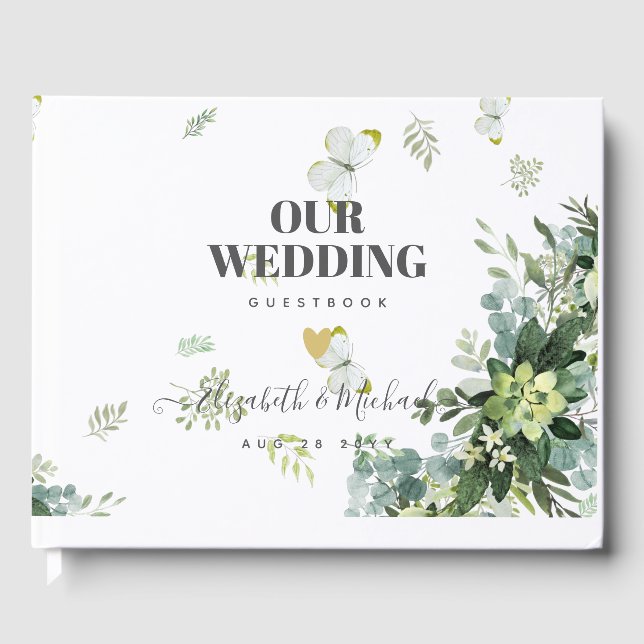 Chic Eucalyptus Greenery Leaves Emerald Wedding Guest Book (Front)