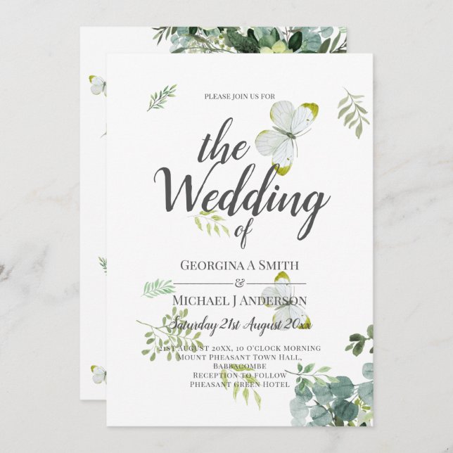 Chic Eucalyptus Greenery Leaves Emerald Wedding Invitation (Front/Back)