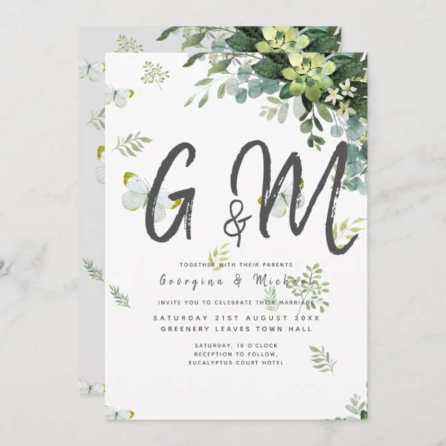 Chic Eucalyptus Greenery Leaves Emerald Wedding Invitation (Front/Back)
