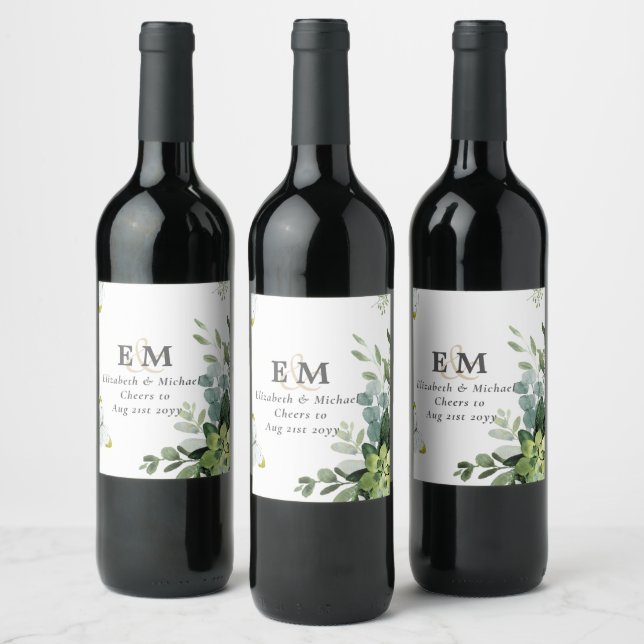 Chic Eucalyptus Greenery Leaves Emerald Wedding Wine Label (Bottles)