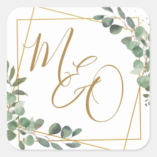 Chic Eucalyptus Greenery Wedding Geometric Favor  Square Sticker