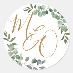 Chic Eucalyptus Greenery Wedding Initials Favor   Classic Round Sticker