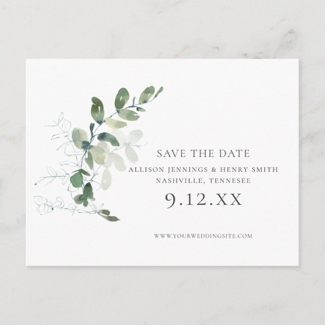 Chic Eucalyptus Greenery Wedding Save the Date Announcement Postcard (Front)