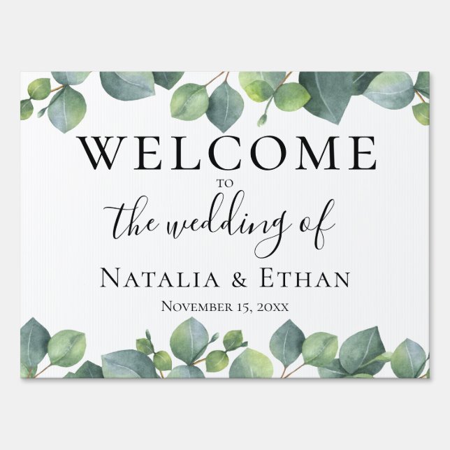 Chic Eucalyptus Greenery Wedding Welcome Sign (Front)