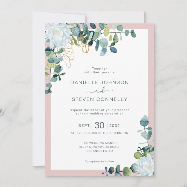 Chic eucalyptus greenery white flowers wedding invitation (Front)