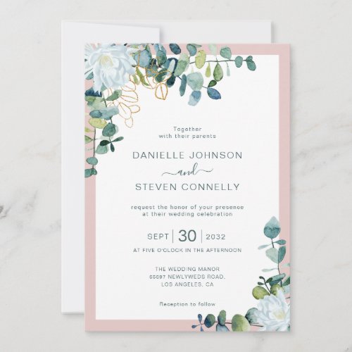 Chic eucalyptus greenery white flowers wedding invitation