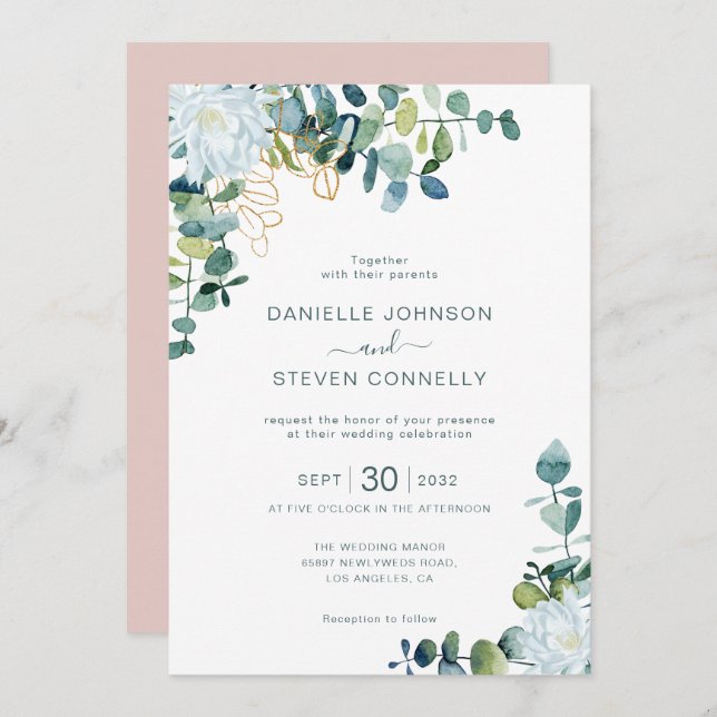 Chic eucalyptus greenery white flowers wedding invitation (Front/Back)