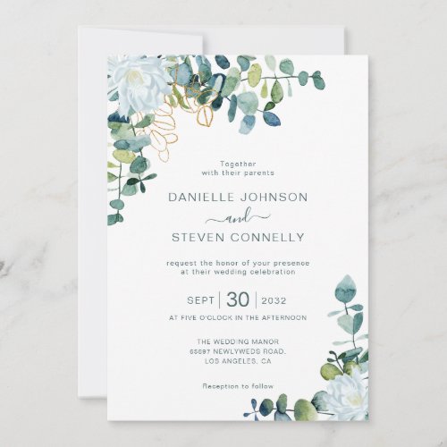 Chic eucalyptus greenery white flowers wedding invitation