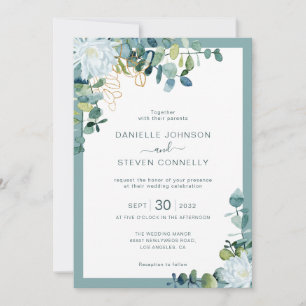 Chic eucalyptus greenery white flowers wedding invitation