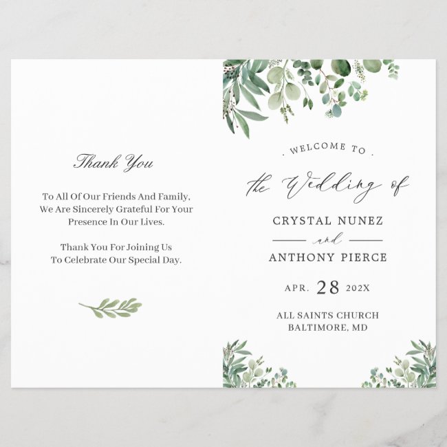 Chic Eucalyptus Leaves DIY Folded Wedding Program