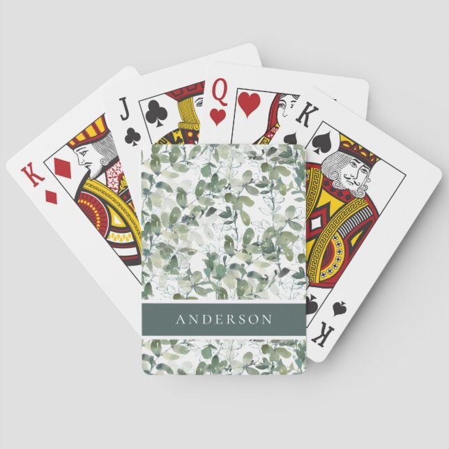 Chic Eucalyptus Monogram Name  Poker Cards (Back)