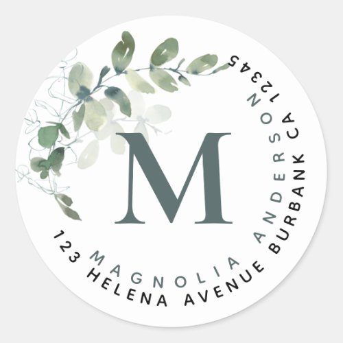 Chic Eucalyptus Monogram  Return Address Classic Round Sticker