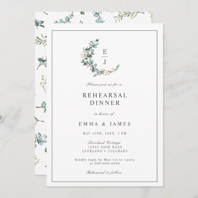 Chic Eucalyptus Monogram Wreath Rehearsal Dinner I Invitation (Front/Back)