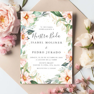 Chic Eucalyptus Peach Roses Nuestra Boda Wedding Invitation
