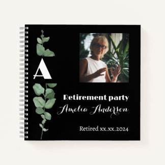 Chic eucalyptus photo retirement black guest book