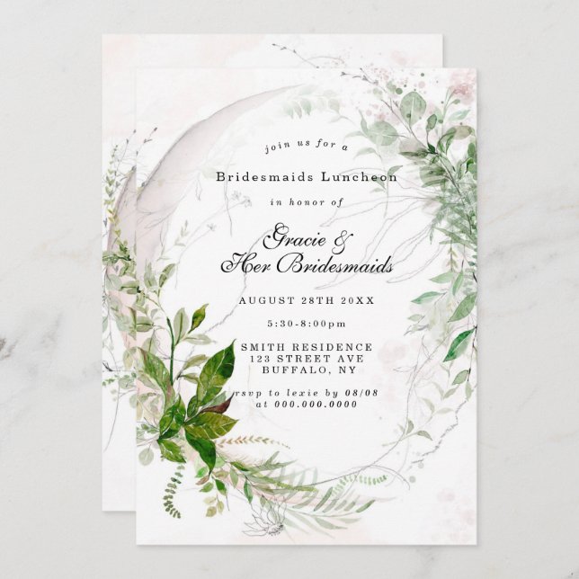 Chic Eucalyptus Pink Bridesmaids Luncheon Invites (Front/Back)