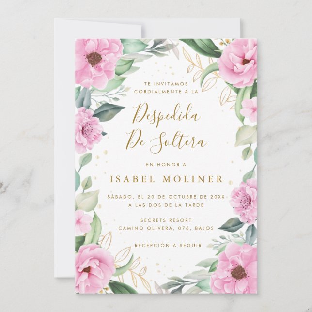 Chic Eucalyptus Pink Roses Spanish Bridal Shower Invitation (Front)