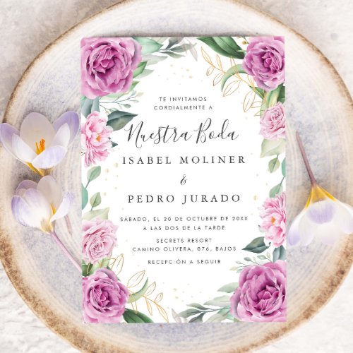 Chic Eucalyptus Purple Roses Nuestra Boda Wedding Invitation