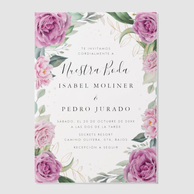 Chic Eucalyptus Purple Roses Nuestra Boda Wedding Vellum Invitations (Front)